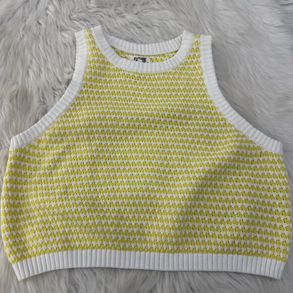 Future Collective womens check yellow white crochet sweater crop 1X - Picture 1 of 10